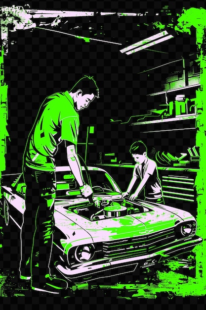 A poster with a man and a woman working on a car