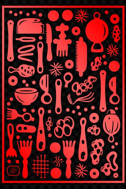 A poster with a red background and a red background with a variety of kitchen utensils