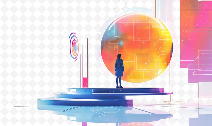 PSD a poster with a woman standing on a platform with a colorful background
