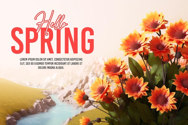 PSD a poster with the word hello spring on it