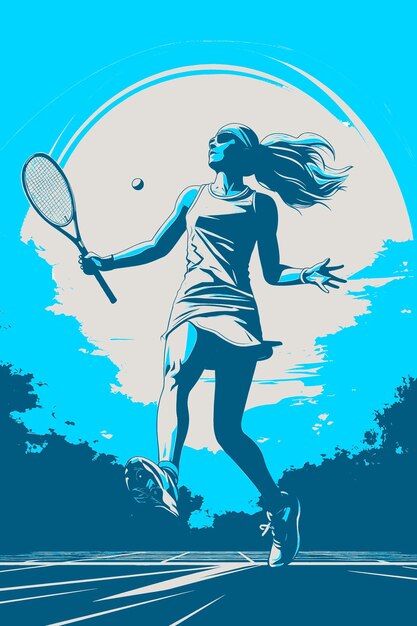 Un poster di una donna che gioca a tennis con una luna sullo sfondo