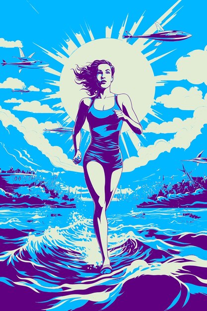 A poster for a woman running in the water