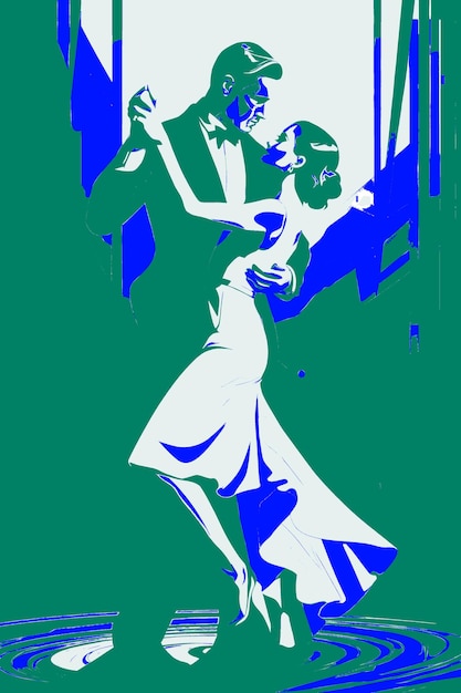 Un poster di una donna con uno sfondo blu e verde