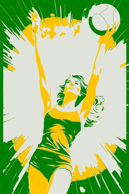 A poster of a woman with a green background with a picture of a basketball player in the middle