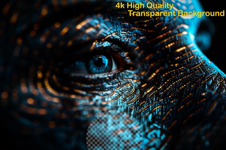 PSD a poster of a womans face with a blue background with a blue eye