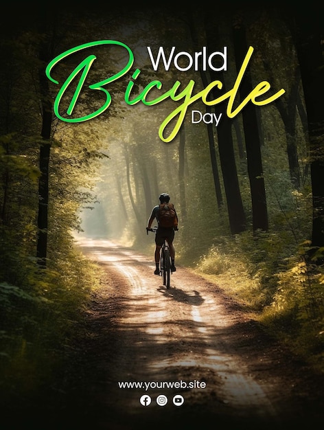 PSD a poster for world bicycle day with a man riding a bike