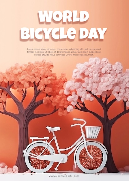 A poster for world bicycle day with trees and a bicycle with editable smart object text