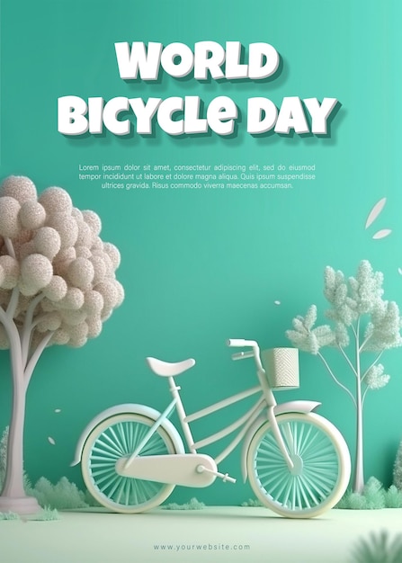 Un poster per la giornata mondiale della bicicletta con alberi e una bicicletta con testo oggetto intelligente modificabile