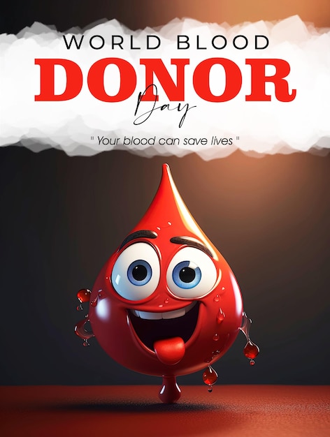 PSD poster per la giornata mondiale del donatore di sangue con goccia di sangue dei cartoni animati e volto sorridente