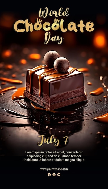 PSD a poster for world chocolate day with a chocolate piece on it