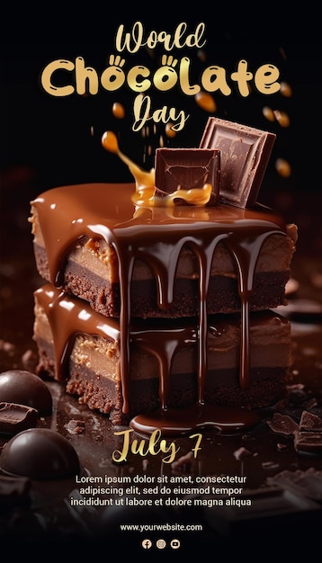 Un poster per la giornata mondiale del cioccolato con sopra un pezzo di cioccolato