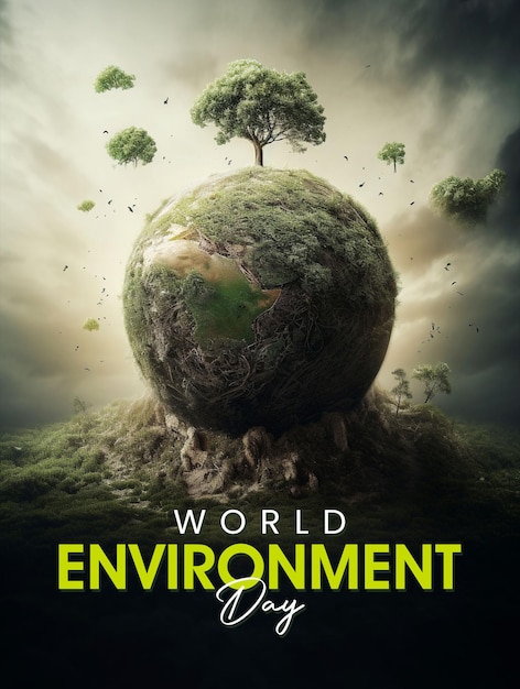 PSD世界环境日的海报显示一个绿色的星球有树木
