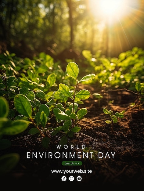 A poster for world environment day with a plant growing in the middle of the forest