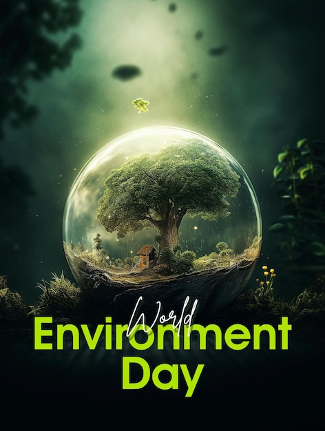 Poster for world environment day with a tree in a glass ball