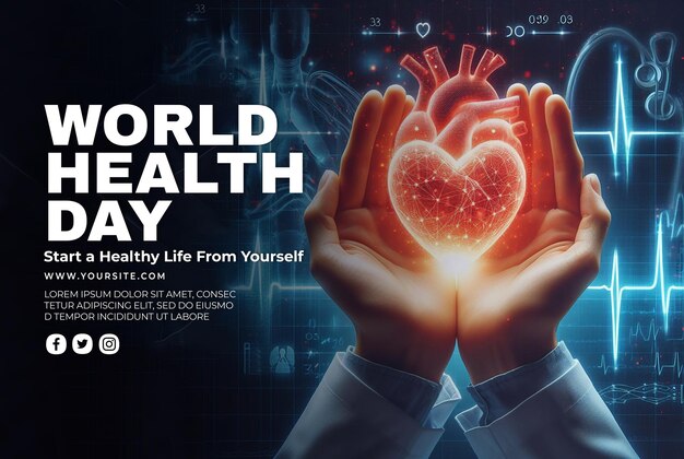 PSD a poster for world health care day with hands holding heart shaped hands