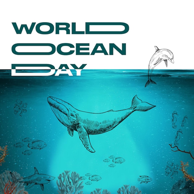a poster for world ocean day with a whale and coral reef