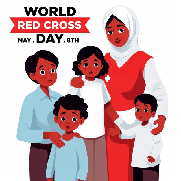 PSD a poster for world red cross day with a woman helping children