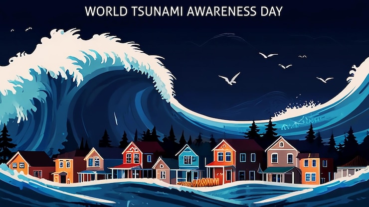PSD a poster for world tsunami day shows a large wave breaking over a house