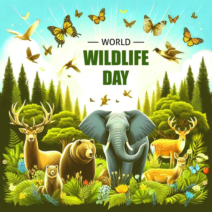 PSD a poster for world wildlife day with a picture of a forest of animals background