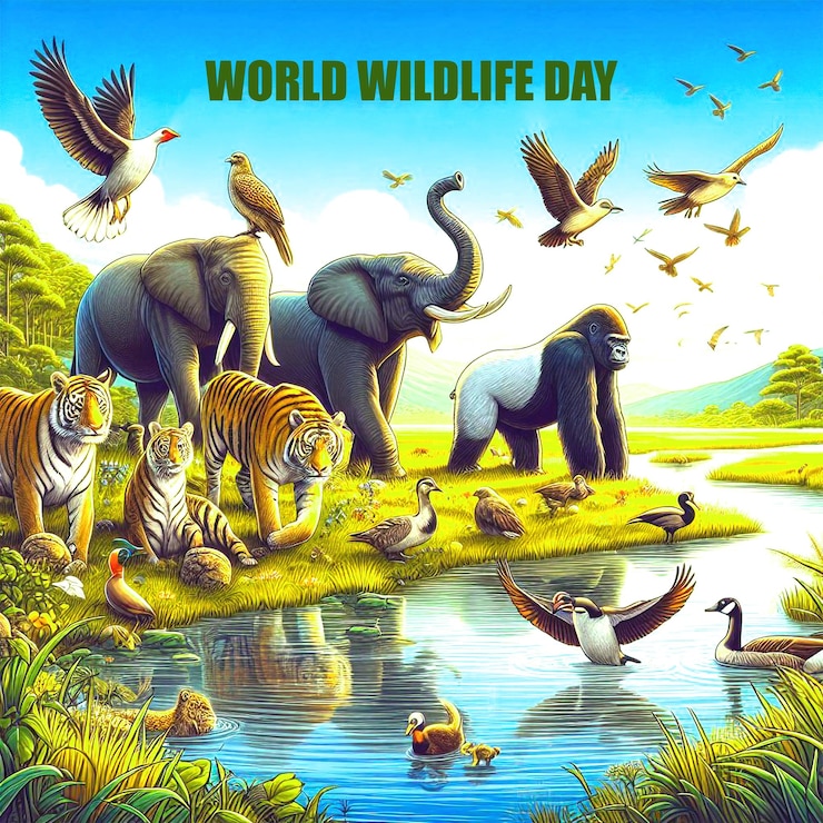 PSD a poster for the world wildlife day with a picture of a tiger and birds template