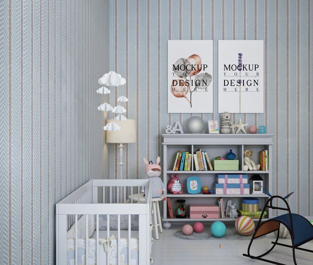 Posterframe mockup in kinderkamer met behang