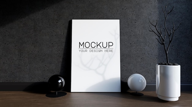Posterframe mockup met betonnen muur en moderne decoraties in 3D-rendering