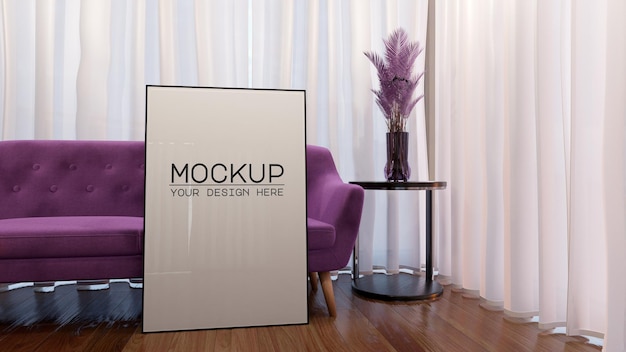 PSD posterframe mockup met paarse sofa in 3d-rendering