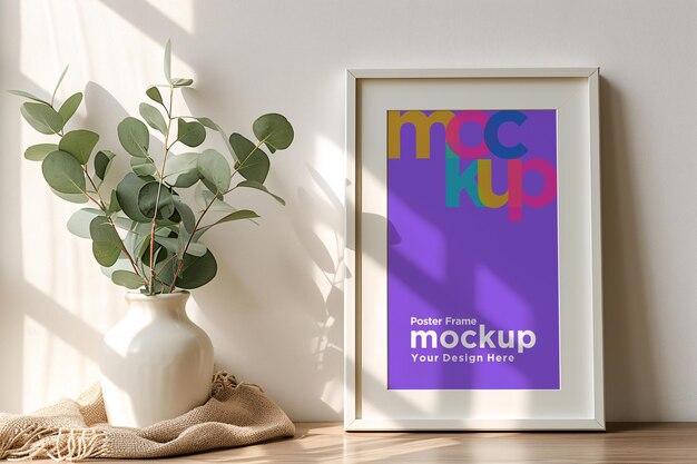 Posterframe mockup met vazen groene planten op een tafel met vensterlicht