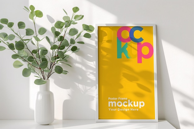 Posterframe Mockup met vazen Groene planten op een tafel met vensterlicht