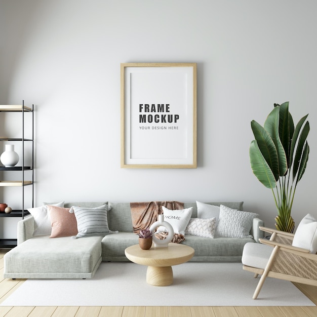 Posterframe mockup ontwerp in woonkamer in 3D-rendering