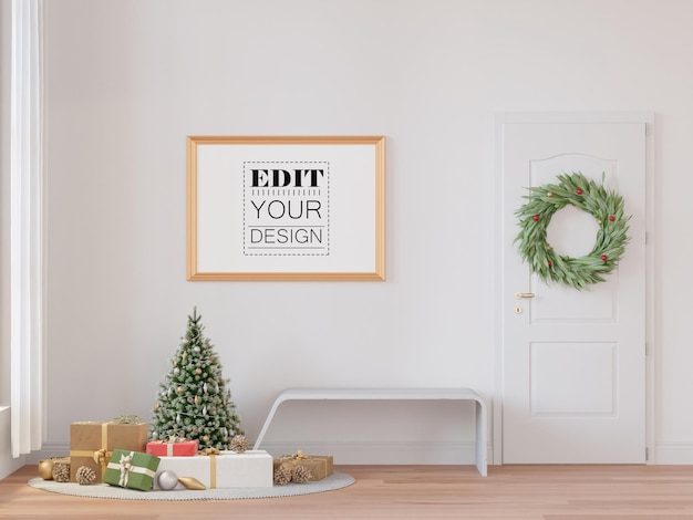 Posterlijst in kerstversieringsruimte psd mockup