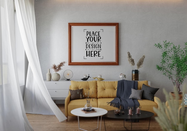 Posterlijst in woonkamer Psd Mockup