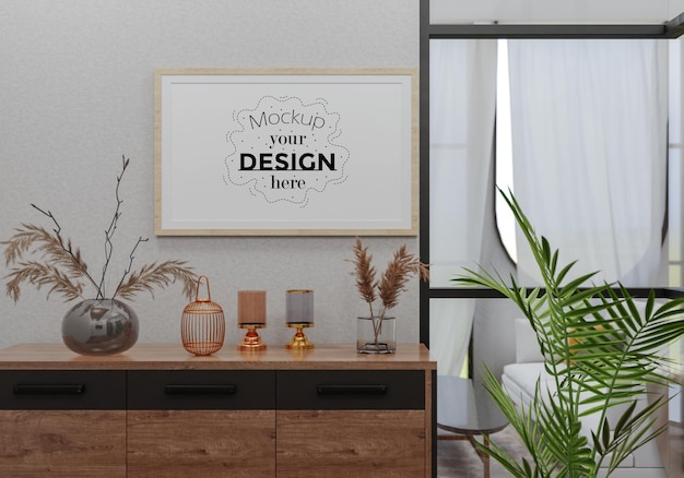 Posterlijst in woonkamer Psd Mockup