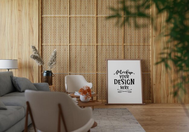 Posterlijst in woonkamer Psd Mockup