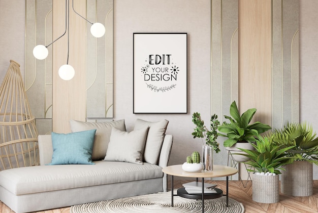 Posterlijst in woonkamer psd mockup