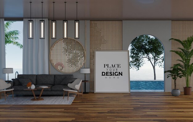 Posterlijst in woonkamer Psd Mockup