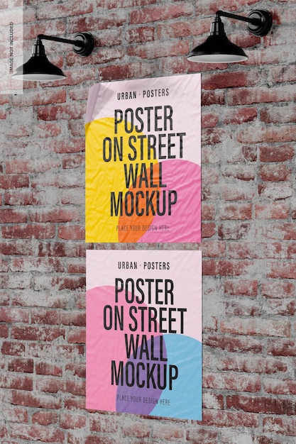 PSD posters on street wall mockup, right view