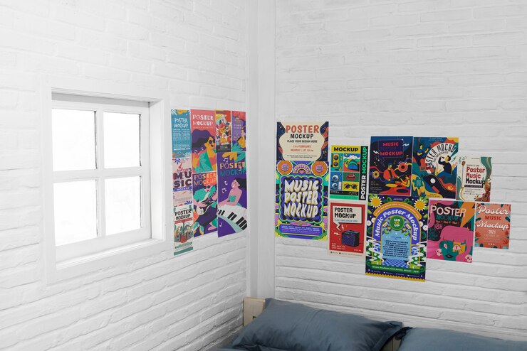PSD posters on the wall of a youth room mockup