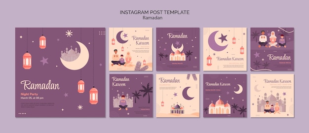 Posty na instagramie z okazji ramadanu w płaskiej konstrukcji