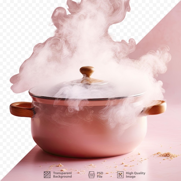 PSD a pot of steam is on a pink background with the words 