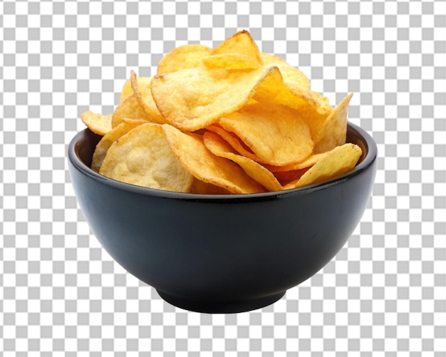 PSD potato chips in a black bowl isolated on transparent background close up