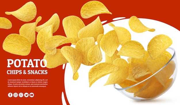 Potato chips falling into glass bowl isolated