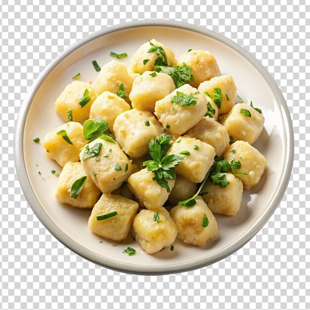 Potato gnocchi with sagebutter sauce on transparent background