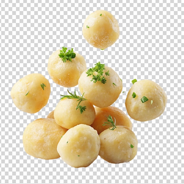 PSD potatoes with herbs on them falling off a pile on transparent background