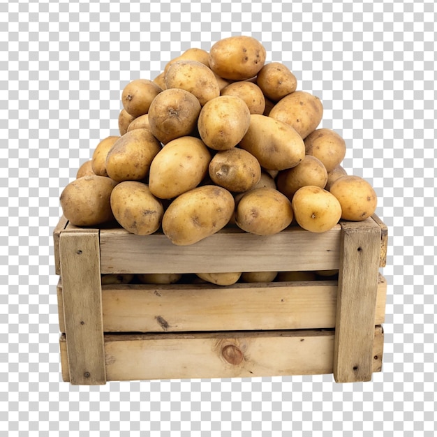 PSD potatoes on wooden crate isolated on transparent background