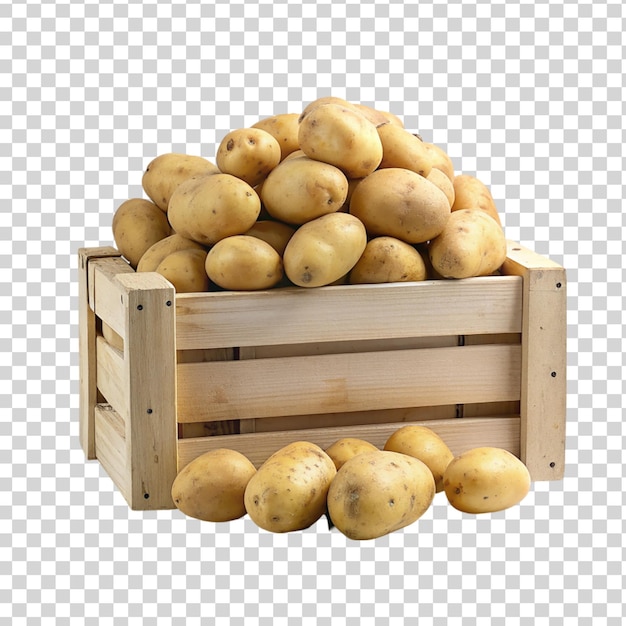 PSD potatoes on wooden crate isolated on transparent background