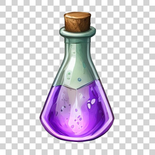 PSD potion bottle with magic elixir cartoon glass flask with colorful glowing liquid and corkwood plugs witch poison gui or ui game assets alchemist apothecary vials