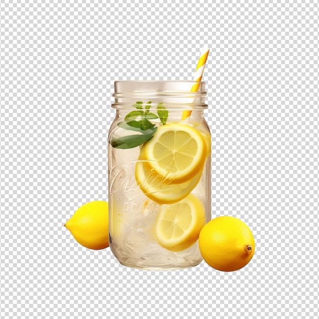 PSD potje limonade met een rietje en citroensnijden op een doorzichtige achtergrond