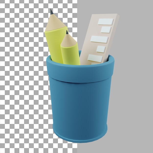 Potloden en liniaal in etui 3d render illustratie