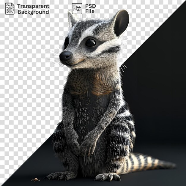 PSD potrait 3d cartoon numbat foraging for termites with black nose eye and long white whisker while its gray leg and white ear are visible in the foreground